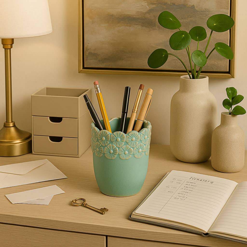 Pencil Cup - Green Ceramic Scalloped Flower Border, 4 in.