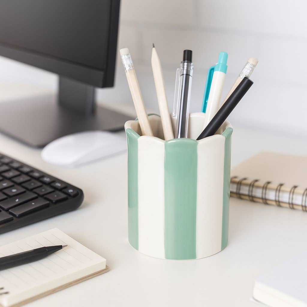 Pencil Cup - Green/Ivory Ceramic Decorative Striped, 4 in.