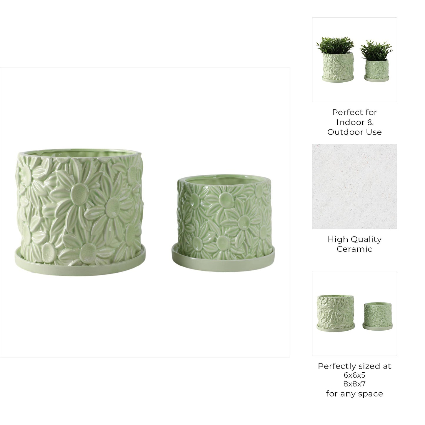 Green 6/8 in. Ceramic Daisy Flower Planter (Set of 2)