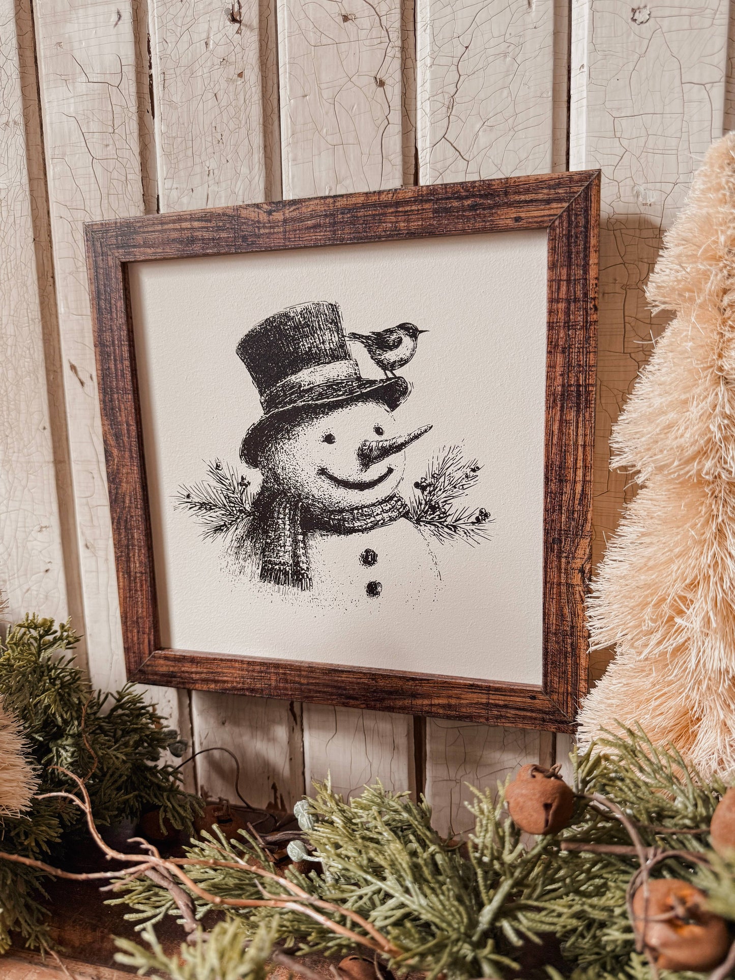 Black/White Vintage Snowman Face Wood Sign