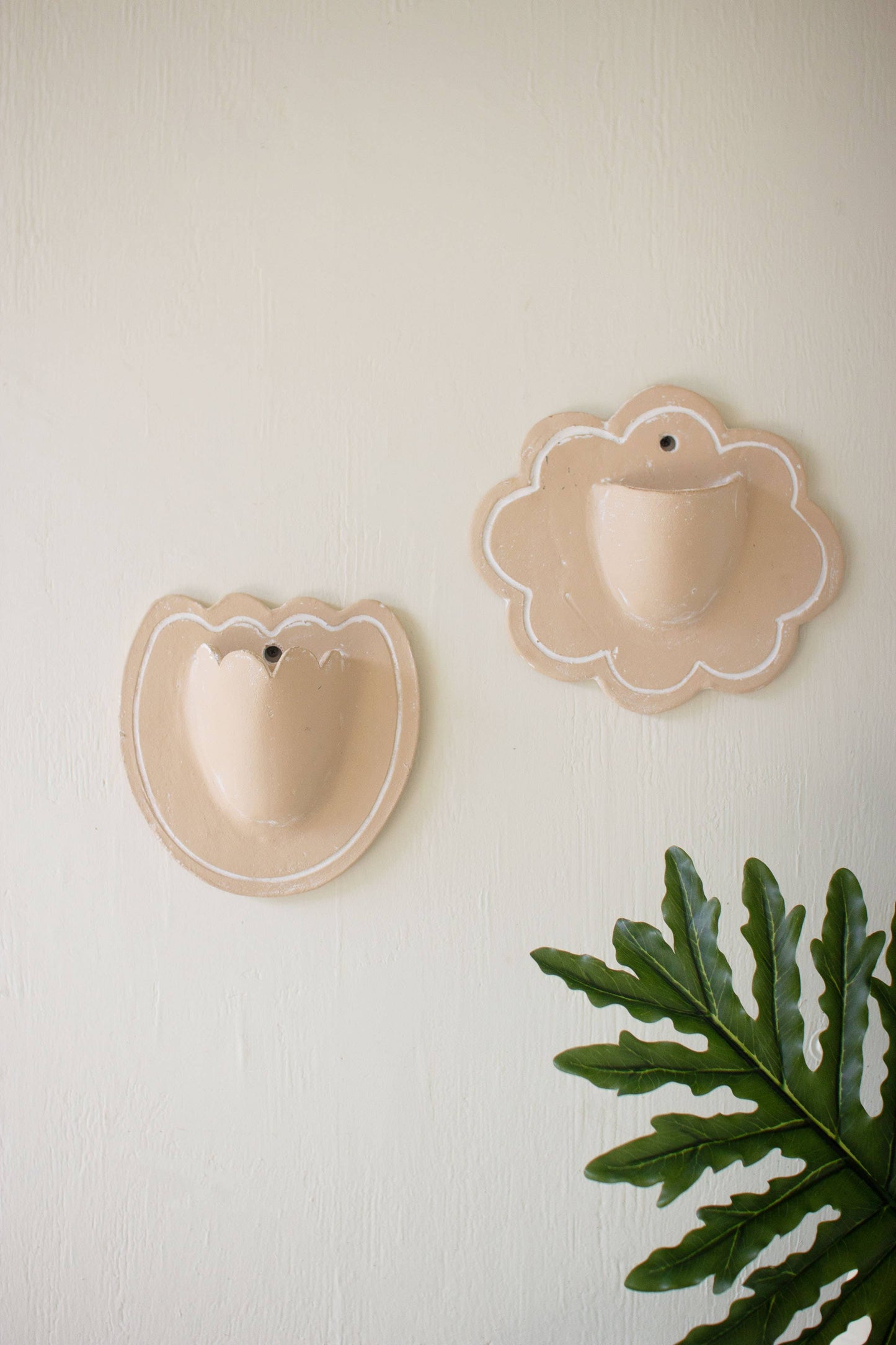 SET OF TWO CLAY FLOWER WALL PLANTERS - WHITE WASH
