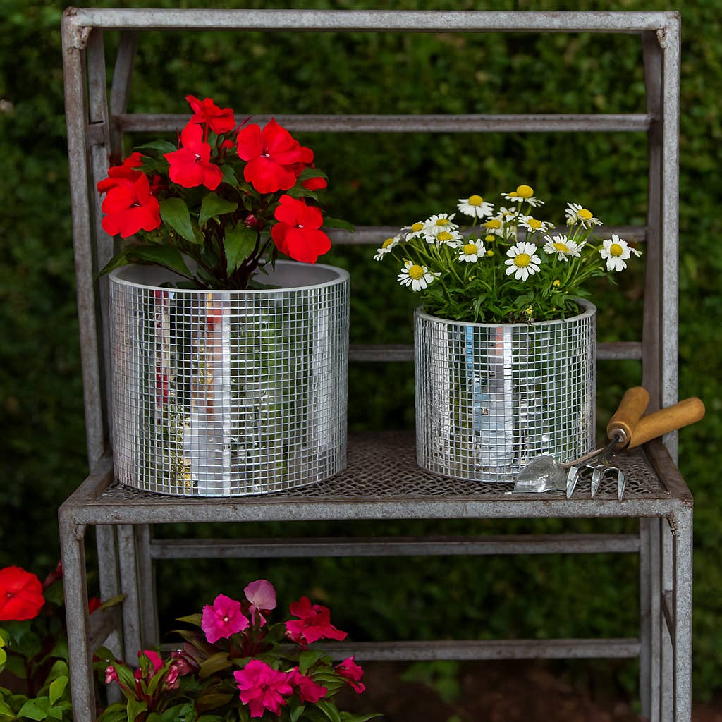 Planters Set of 2 - Silver Ceramic Disco Mirror, 6/7 in.