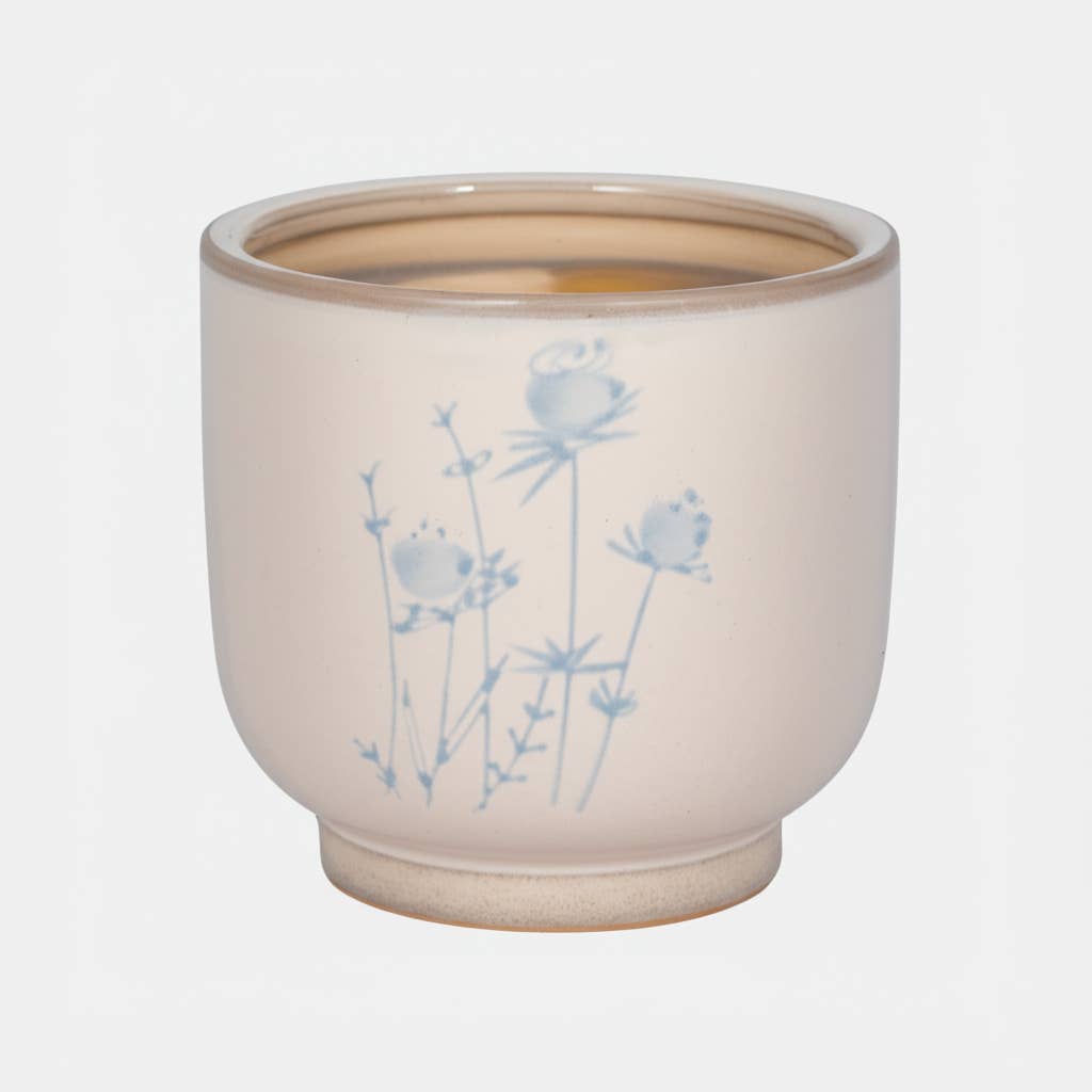 Decorative Planter - Beige Ceramic Blue Flower Design, 5 in.