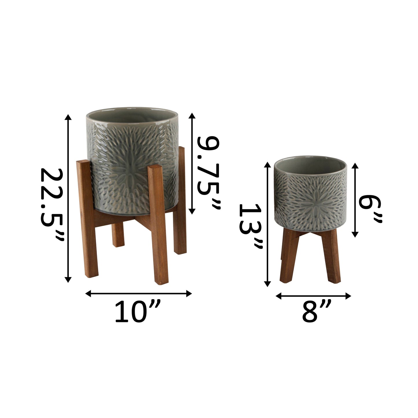 Set of 2 Gray Textured Ceramic Planters on Wood Stands