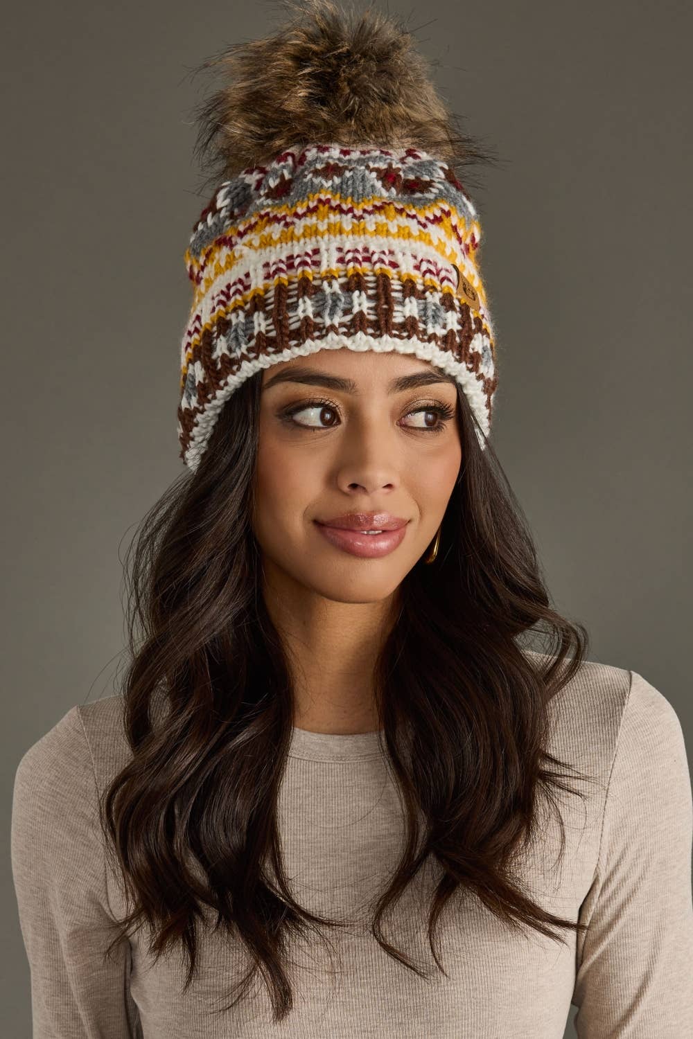 Ivory, Red & Gold Patterned Pom Hat