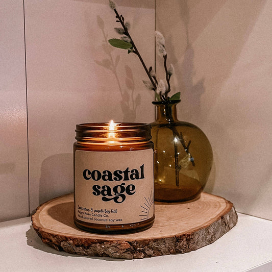 Coastal Sage 8 oz coconut wax amber jar candle