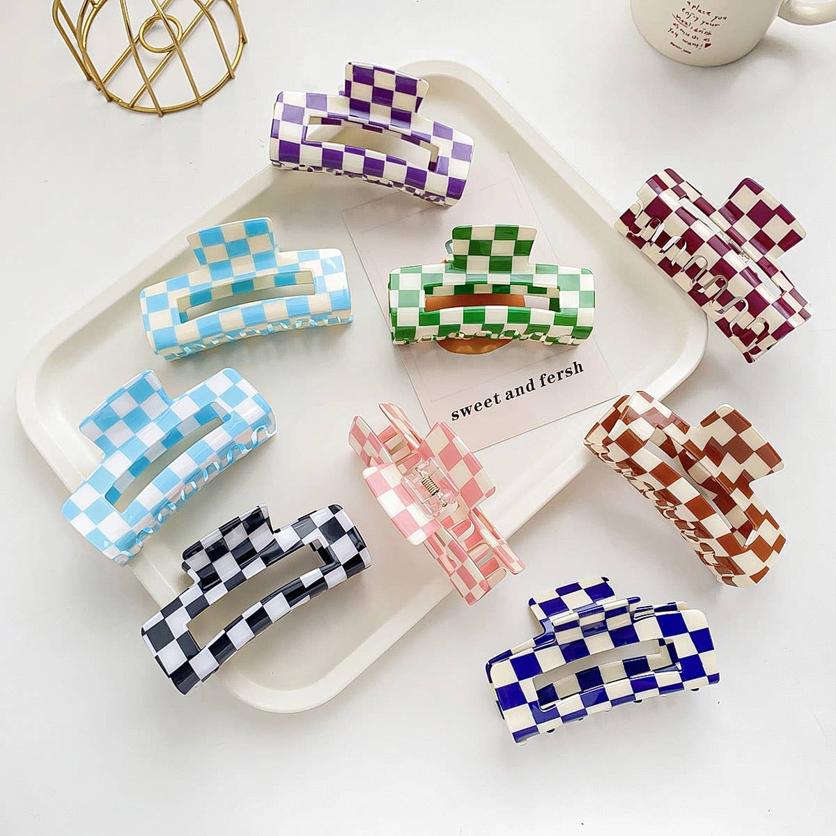 4.13"IN SQUARE CHECKERED HAIR CLAW CLIPS_CWAHA0395