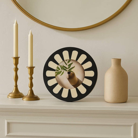 Photo Frame - Black/Ivory Resin Round Flower Design, 4x4 in.