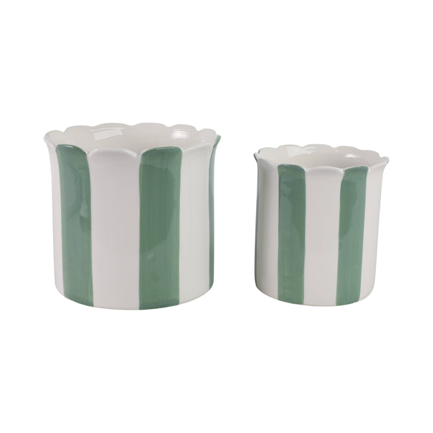 Planters Set of 2 - Green/White Ceramic Striped, 6/8 in.