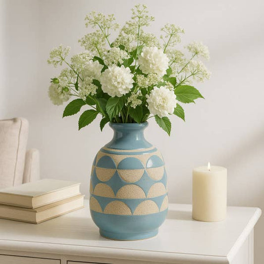 Ceramic Modern Half Circles Bud Table Vase - Blue, 10 in.