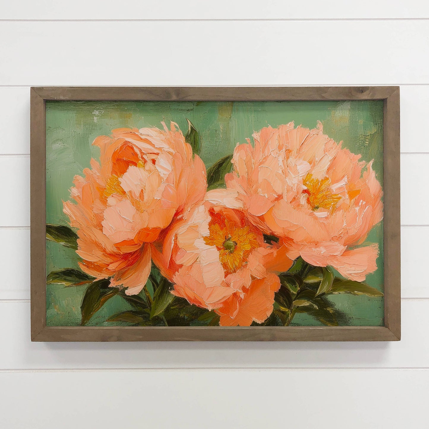 Peach Peonies on Green - Farmhouse Floral Canvas Wall Art