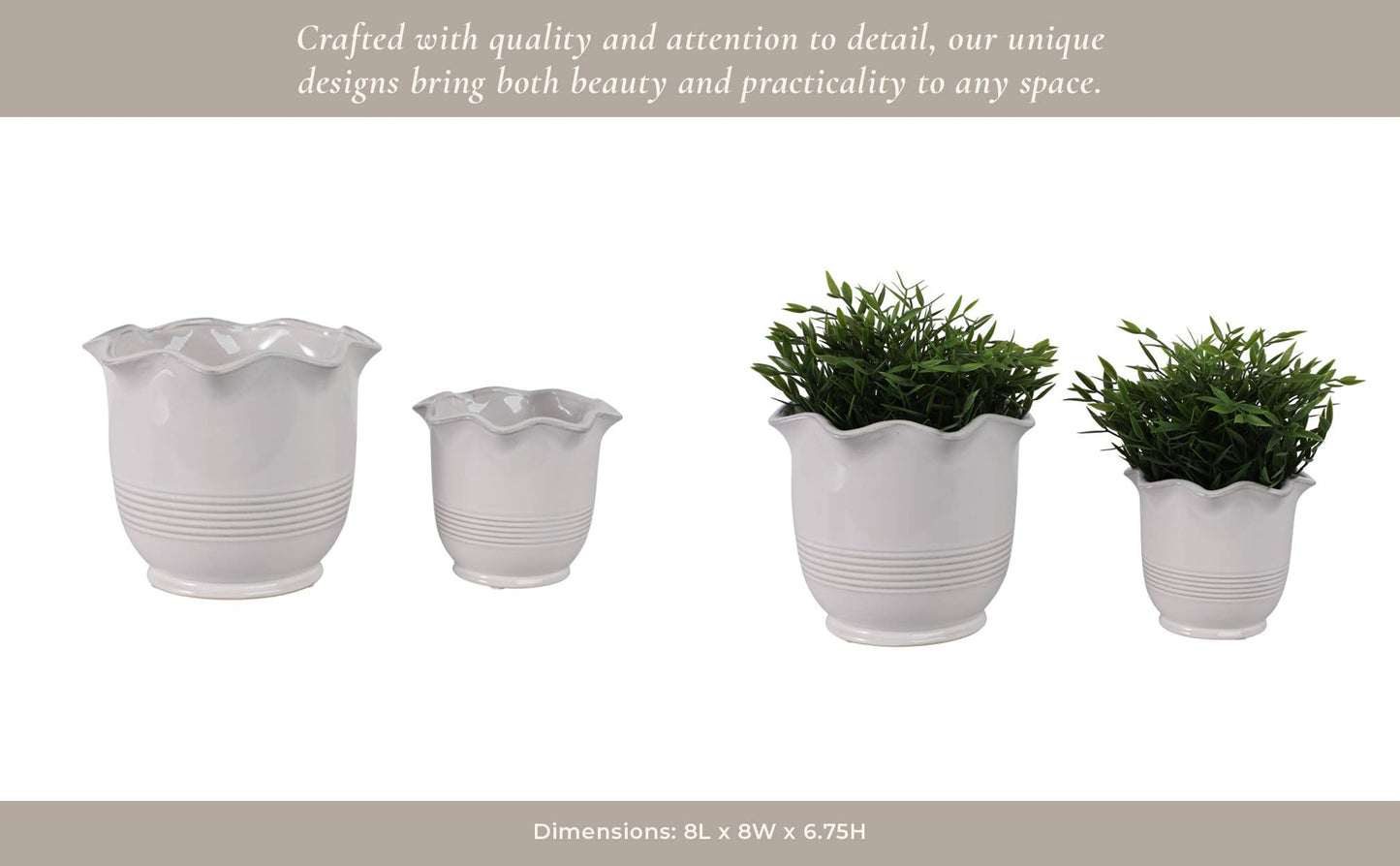 Ceramic Scalloped Rim Planters Set of 2 - Ivory, 6/8 in.
