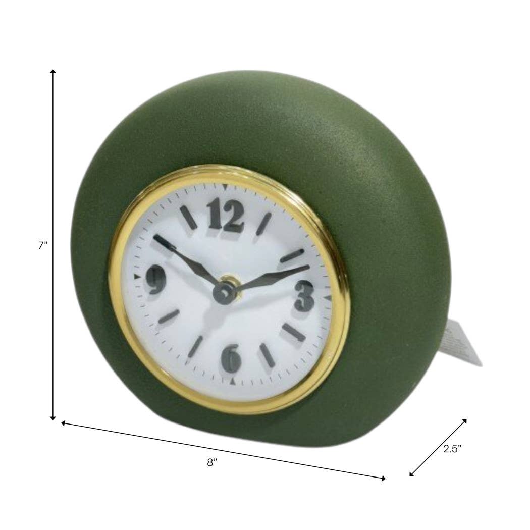Table Clock - Green Metal and Glass Round Design, 7 in.