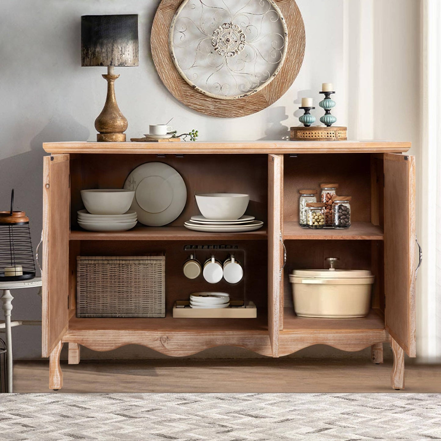 Sideboard Buffet Cabinet with 3 Carved Doors and Shelves