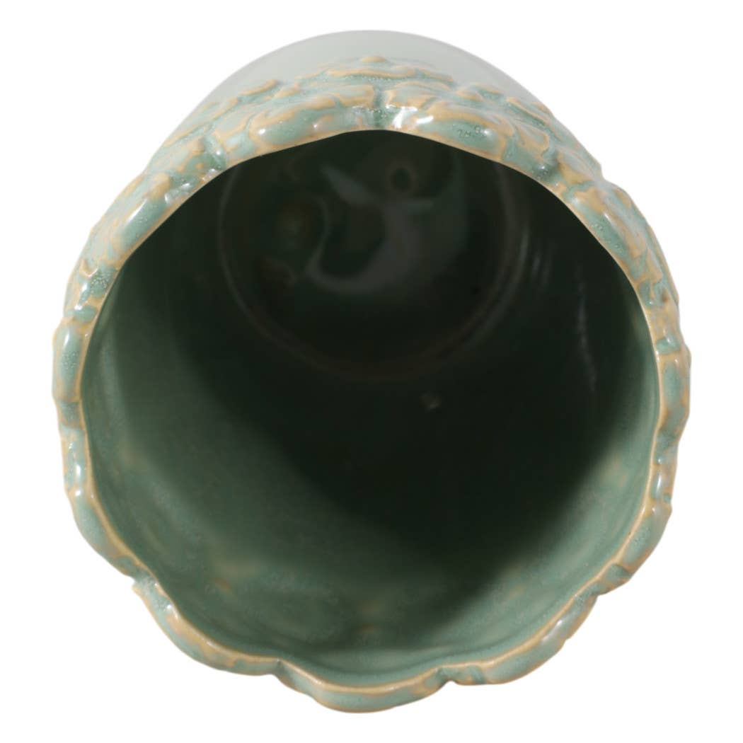 Pencil Cup - Green Ceramic Scalloped Flower Border, 4 in.