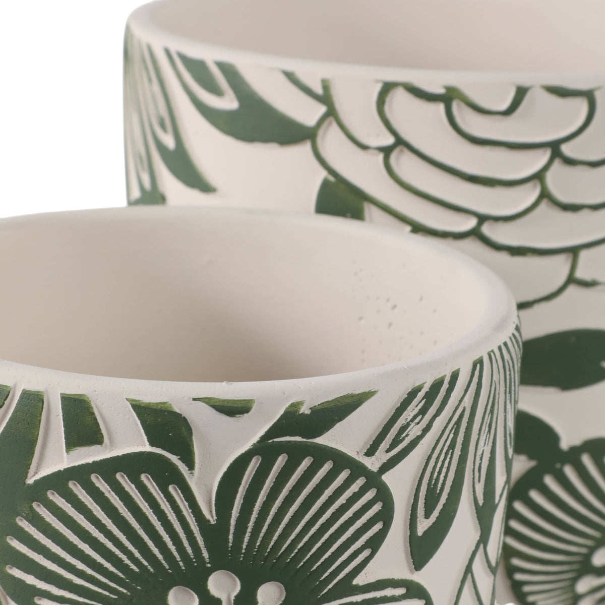 Planter Set of 2 - White/Green Ceramic Floral Power, 6/8 in.