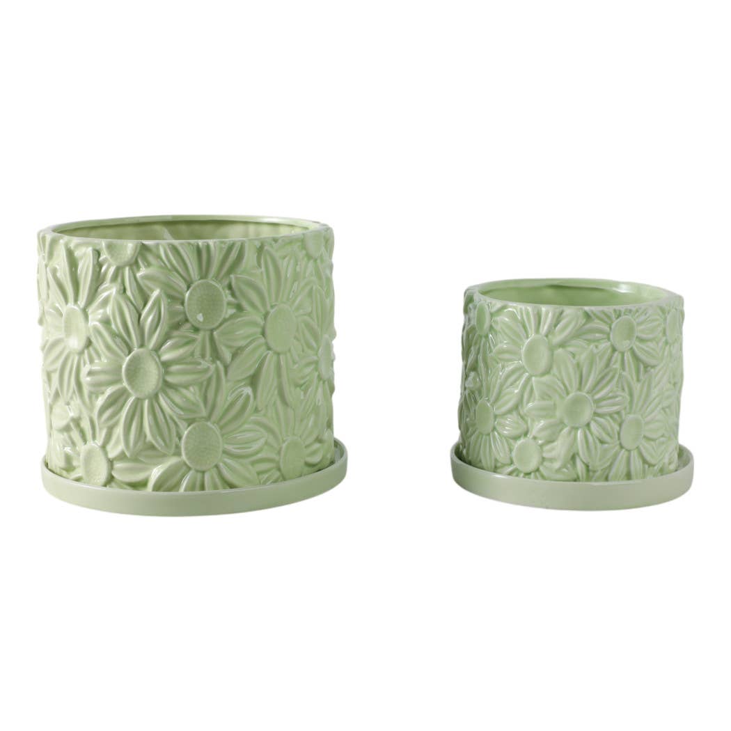 Green 6/8 in. Ceramic Daisy Flower Planter (Set of 2)
