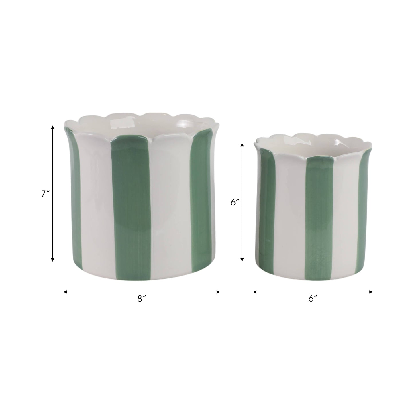 Planters Set of 2 - Green/White Ceramic Striped, 6/8 in.