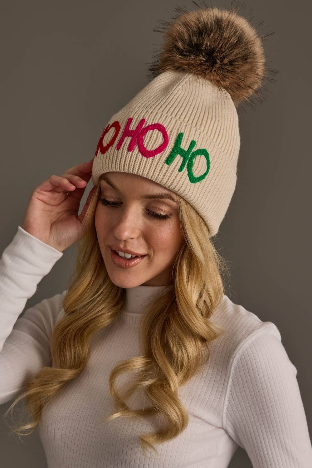 Beige Ho Ho Ho Knit Pom Hat