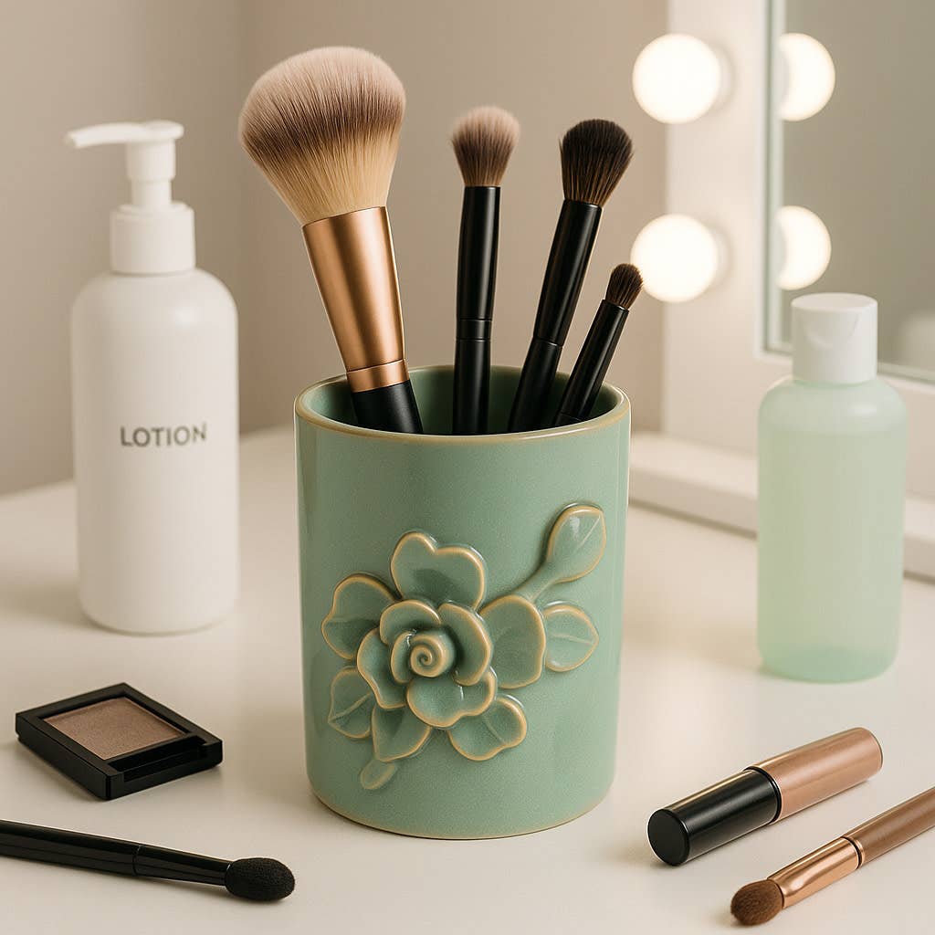 Pencil Cup - Green Ceramic Rose Decorative Applique, 4 in.