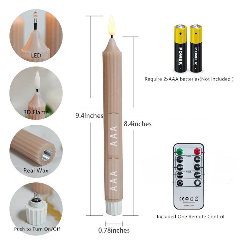 9.4 Inch Real Wax Flameless Striped Taper LED Candlesticks