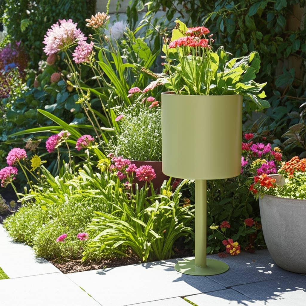 Metal Cylindrical Planter Pot on Round Base - Green, 6 in.