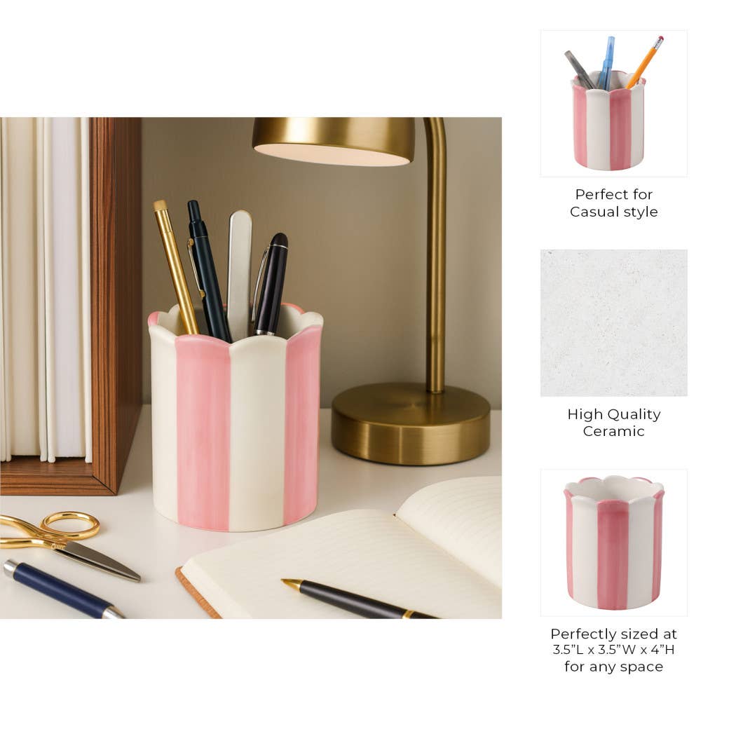 Pencil Cup - Pink/Ivory Ceramic Decorative Striped, 4 in.