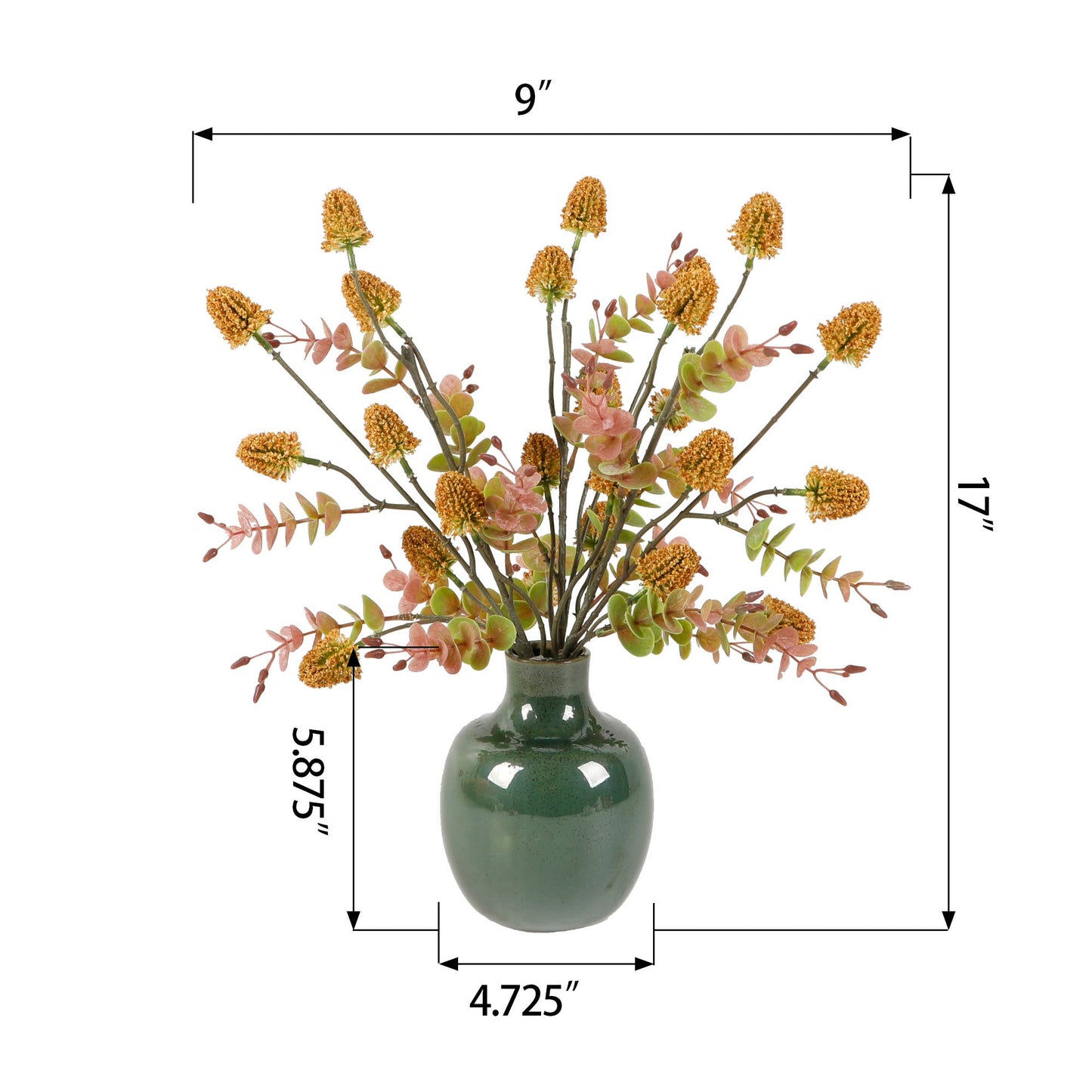 Faux Wildflower Arrangement in Green Ceramic Vase – 17”