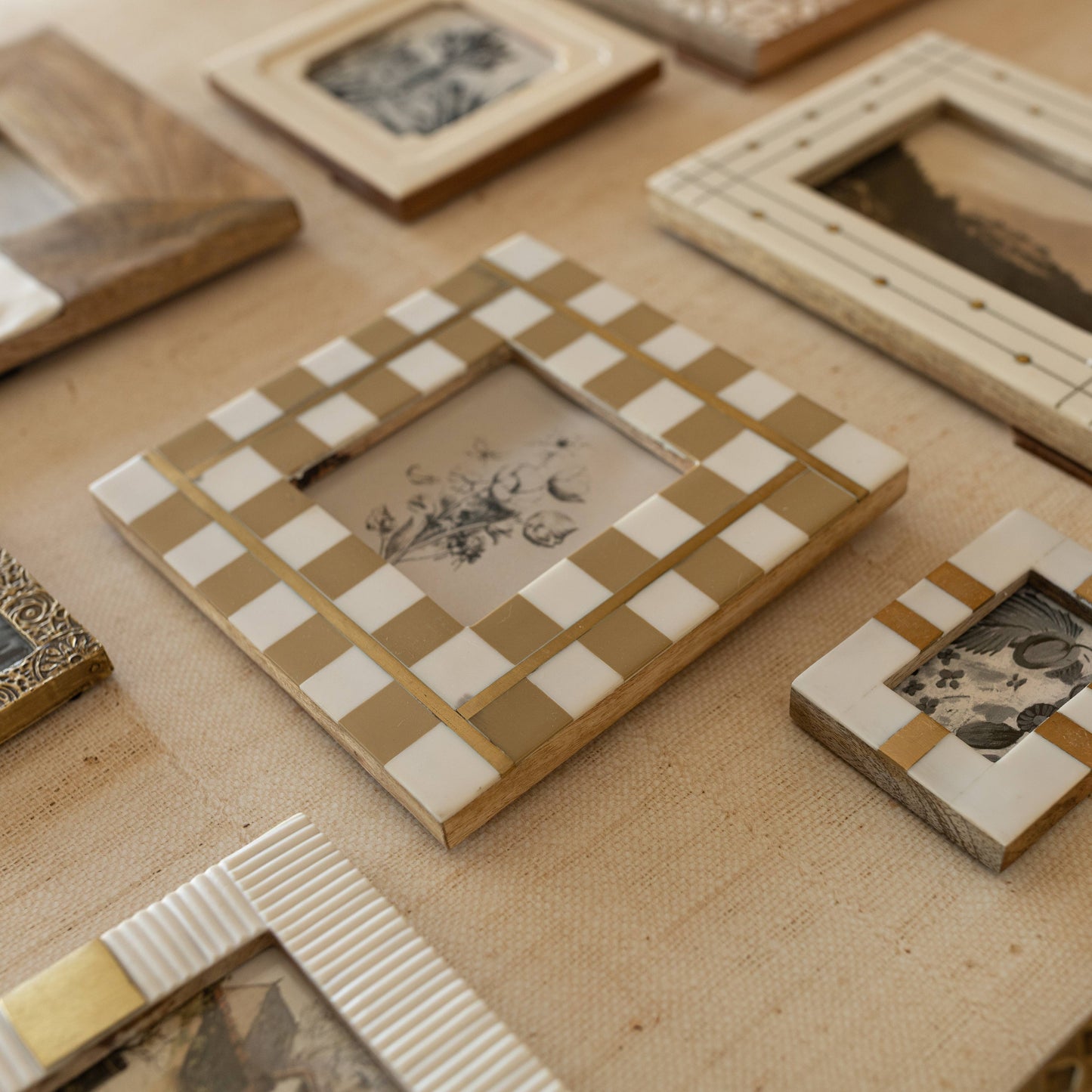 4x4 Gwendolyn Check Photo Frame Tan With Brass Inlay