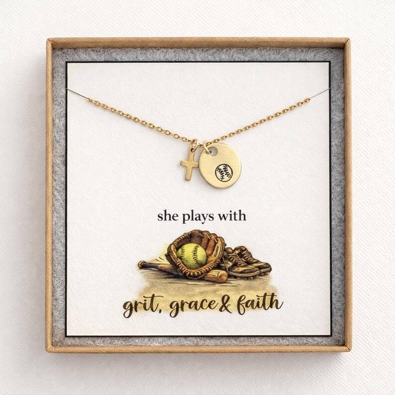 Softball Cross Mustard Seed Necklace for Girl – Faith Based Softball Player Gift, Christian Athlete Jewelry, Senior Night Gift