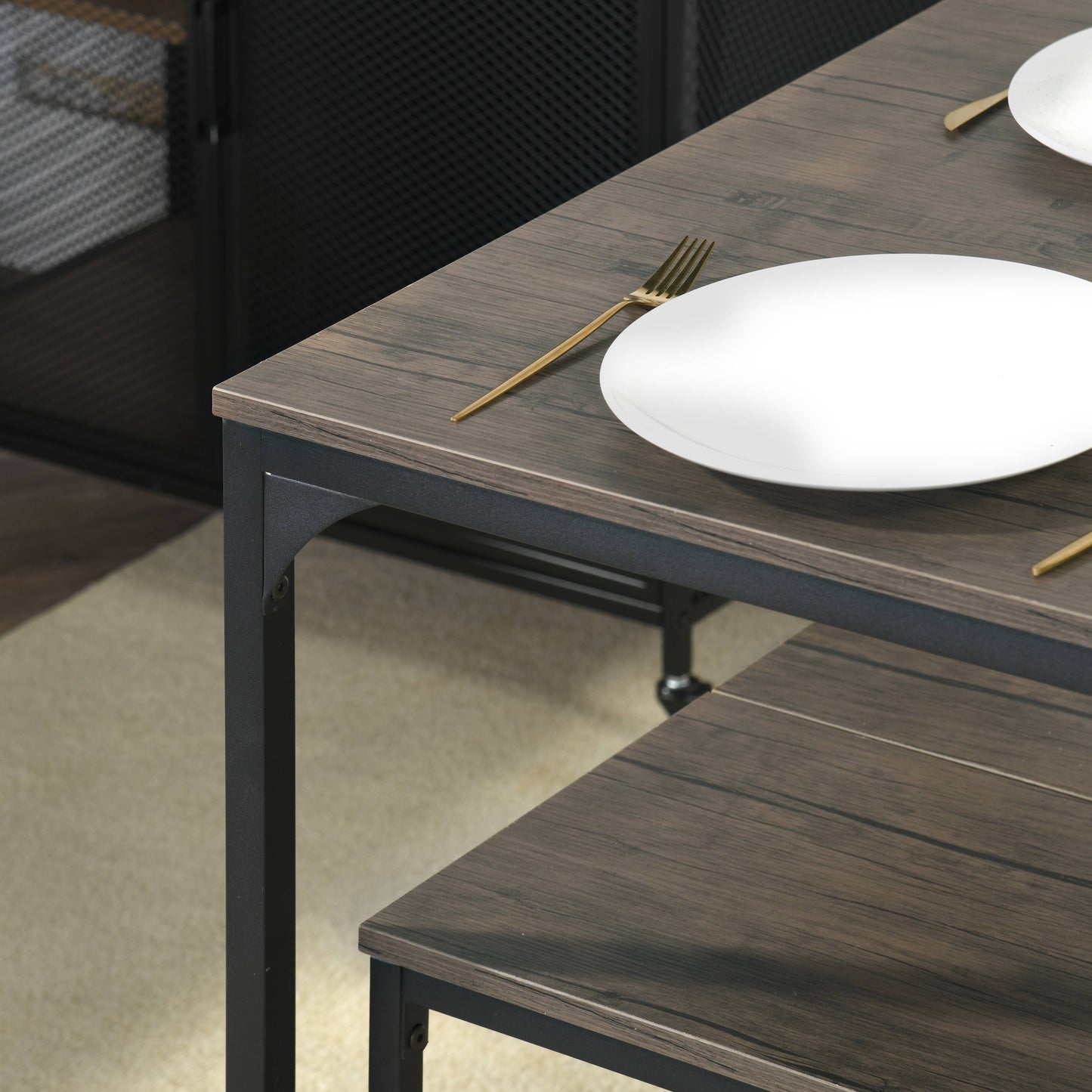 Industrial Dining Table Set with Benches – Wood & Metal