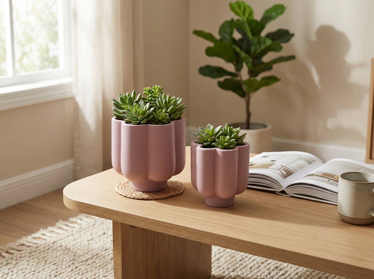 Set of 2 – Pink Scallop Ceramic Planters on Footed Base