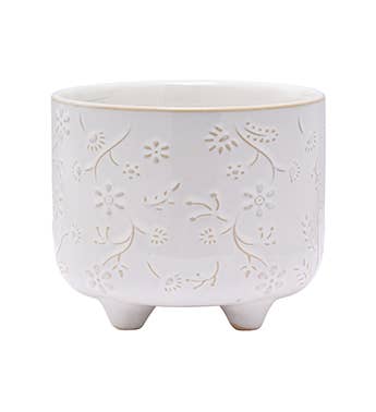 White Embossed Floral Footed Ceramic Planter Item # 22594