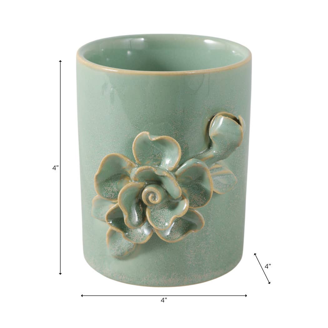 Pencil Cup - Green Ceramic Rose Decorative Applique, 4 in.