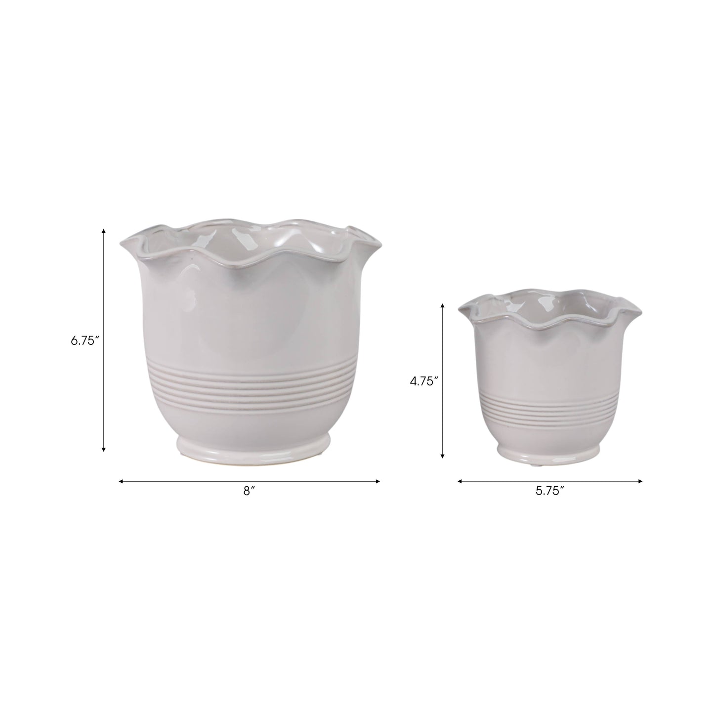 Ceramic Scalloped Rim Planters Set of 2 - Ivory, 6/8 in.