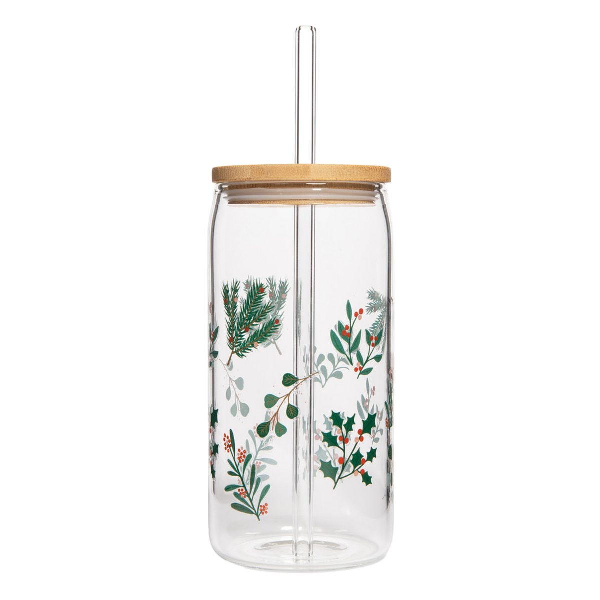 Holly 17 oz Can Glass w/ Straw & Lid - Christmas Gifts