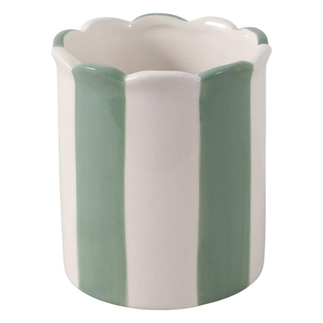 Pencil Cup - Green/Ivory Ceramic Decorative Striped, 4 in.