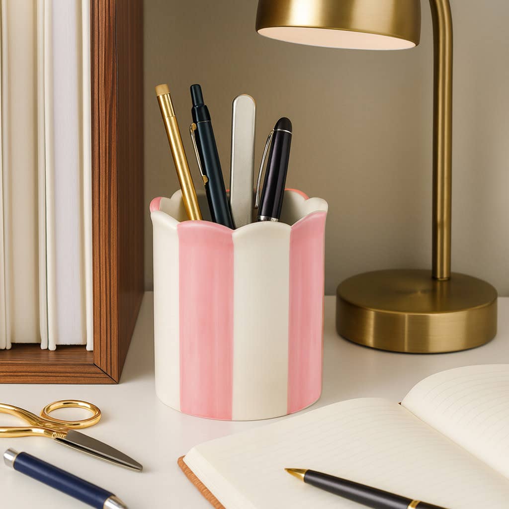 Pencil Cup - Pink/Ivory Ceramic Decorative Striped, 4 in.