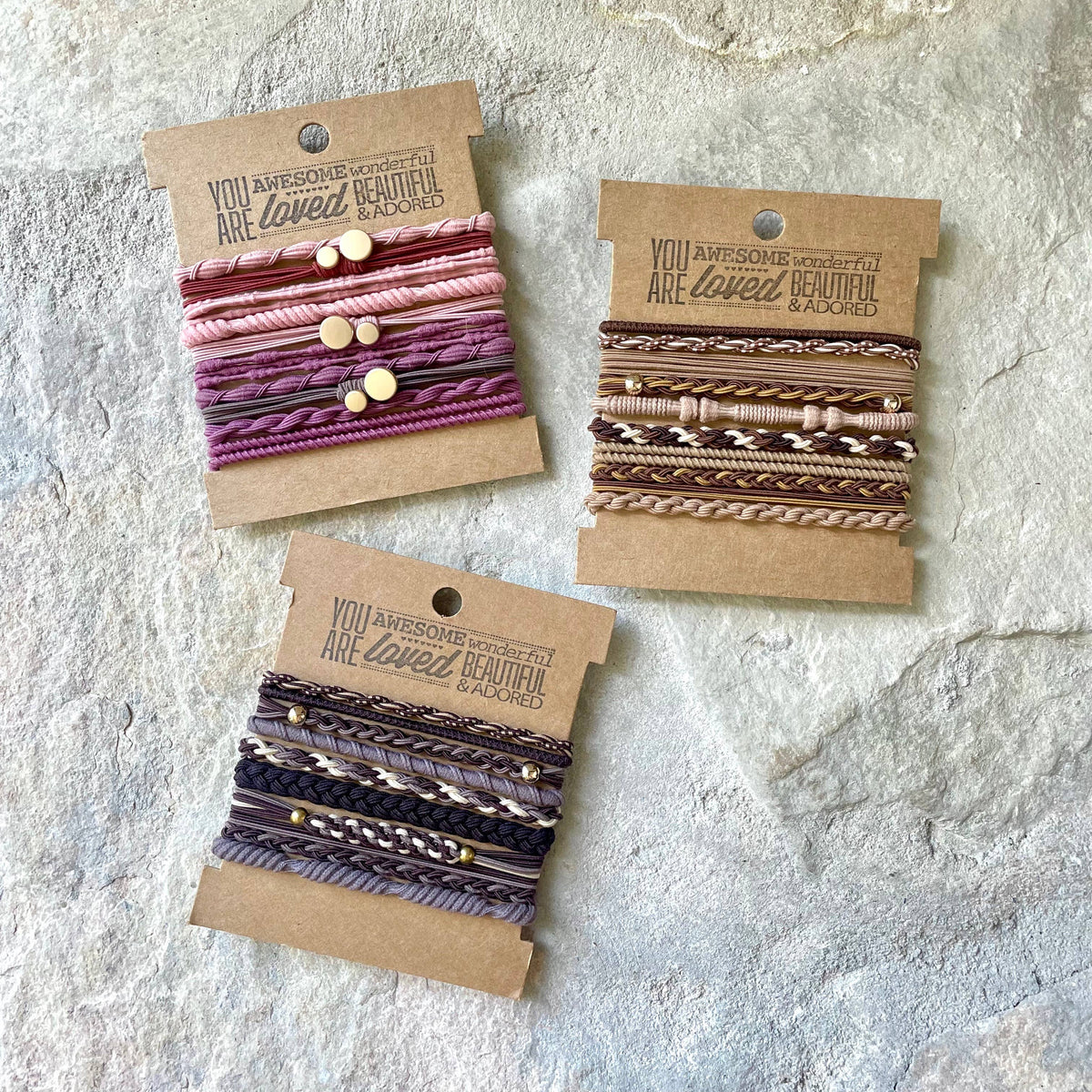 Boho Hair Ties on Kraft Card | Pink & Purple