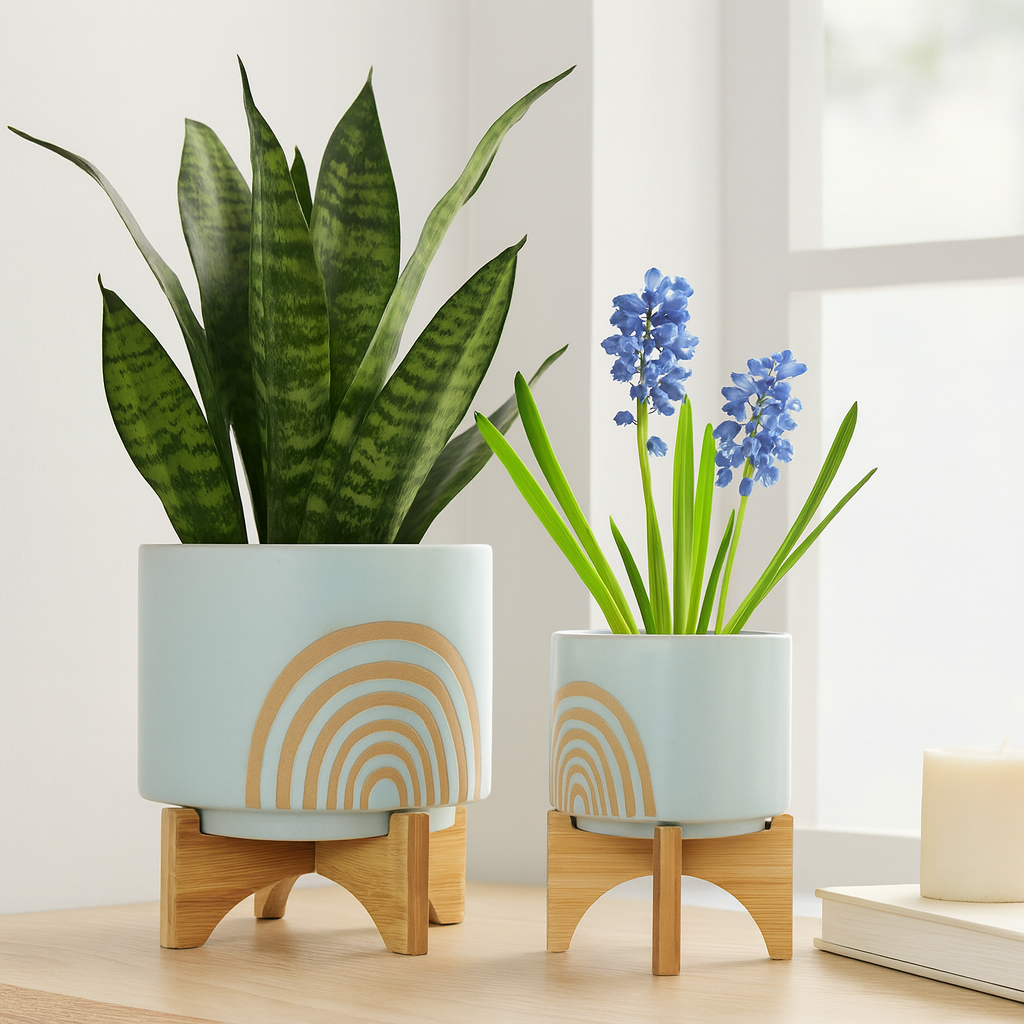 Planter Pots Set of 2 - Green Ceramic Arch Stand, 5/8 in.