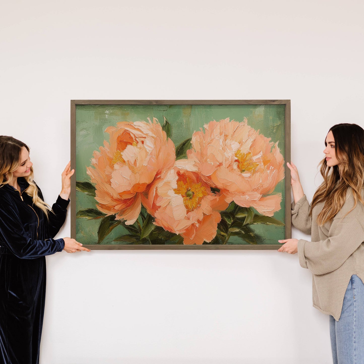 Peach Peonies on Green - Farmhouse Floral Canvas Wall Art