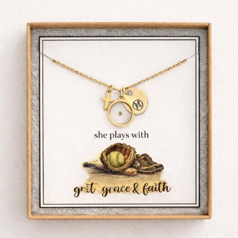 Softball Cross Mustard Seed Necklace for Girl – Faith Based Softball Player Gift, Christian Athlete Jewelry, Senior Night Gift