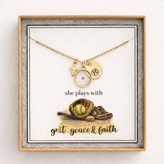 Softball Cross Mustard Seed Necklace for Girl – Faith Based Softball Player Gift, Christian Athlete Jewelry, Senior Night Gift