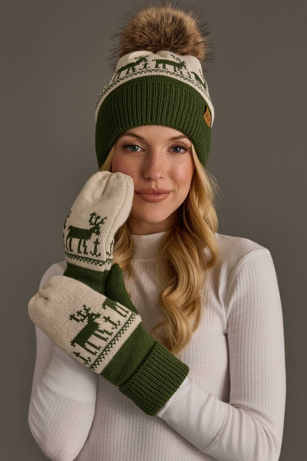 Olive & Beige Deer Patterned Pom Hat