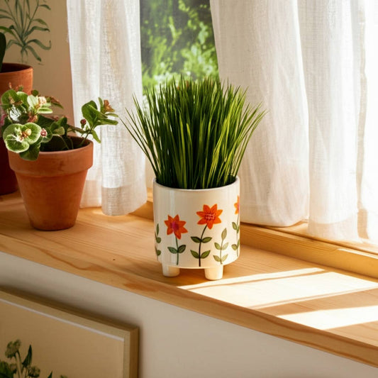 Plant Pot - White Ceramic Resin Footed Hand Painted, 6 in.