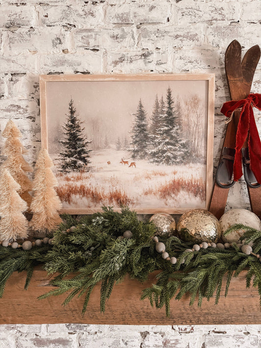 Snowy Forest with Deer Wood Sign