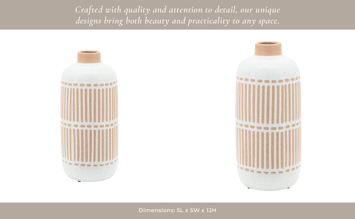 Decorative Vase - Ivory Ceramic Aztec Grooved Line, 12 in.