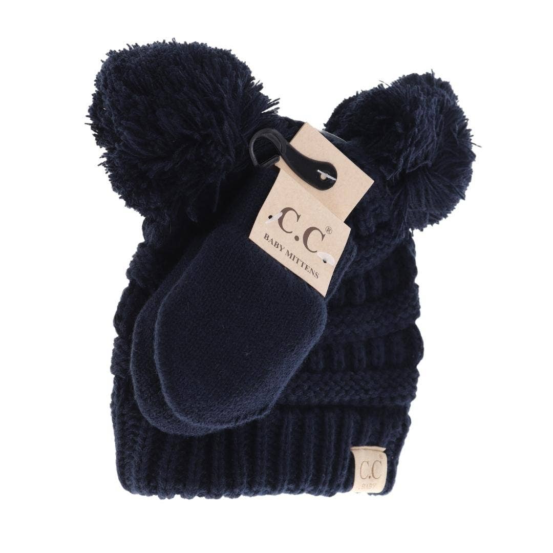 BABY Solid Knit Double Pom C.C Beanie with Mitten SET BABYSE