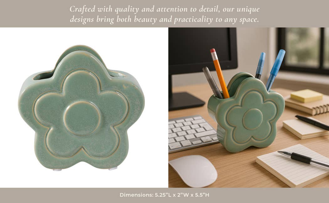 Pencil Cup - Green Ceramic Sculpted Flower Power, 6 in.