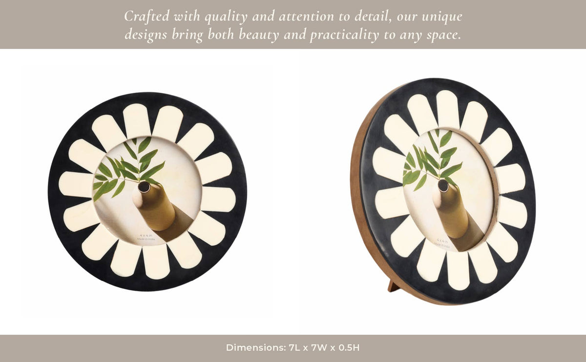 Photo Frame - Black/Ivory Resin Round Flower Design, 4x4 in.